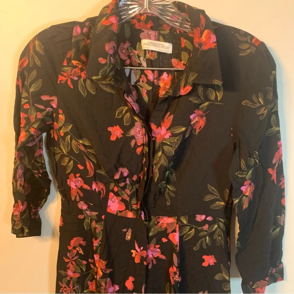 Zara Floral Black Maxi Dress Button Front 3/4 Sleeve XS - Picture 10 of 12